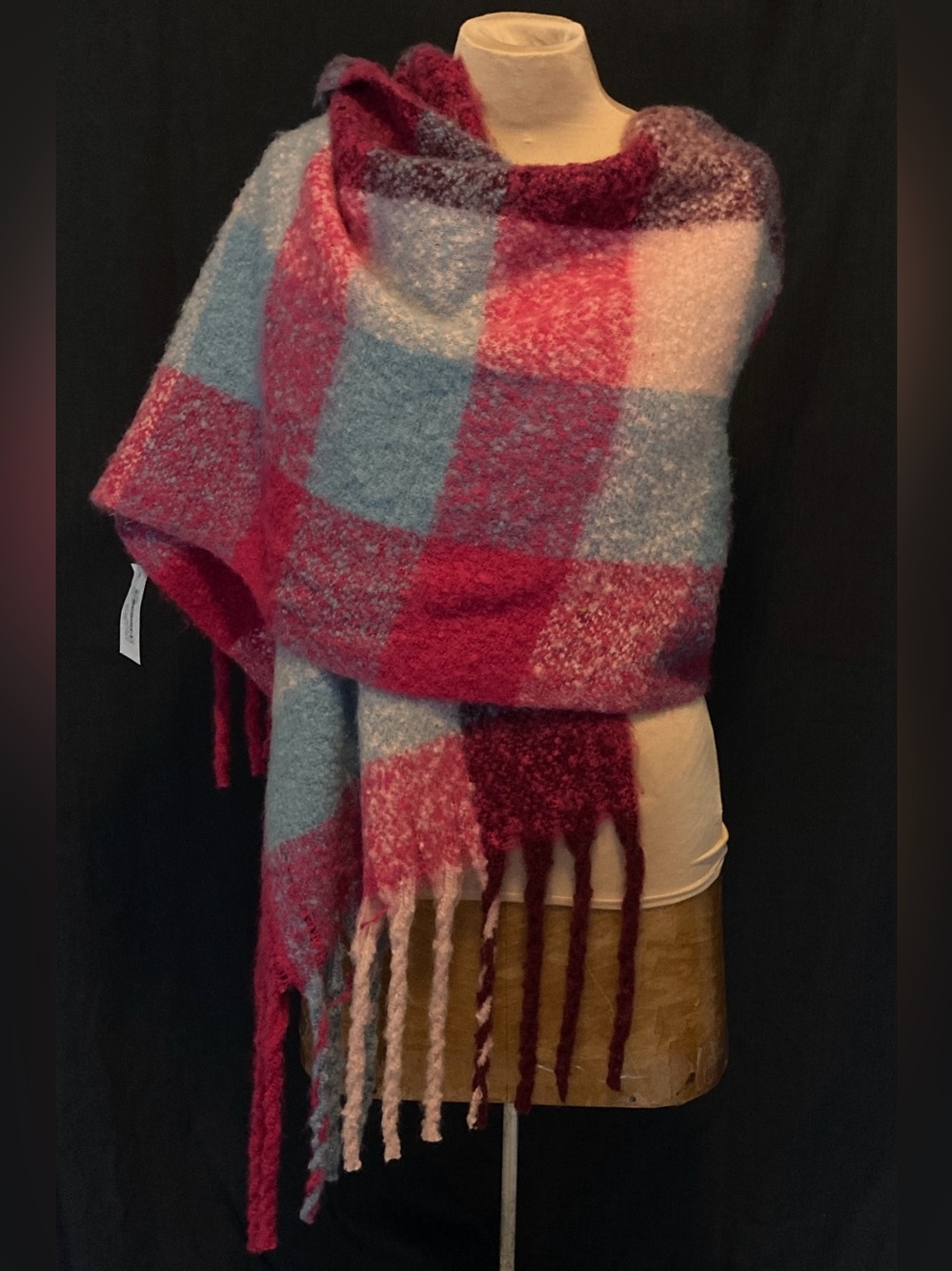 Cozy Super Soft Plaid Fringe Wrap Shawl - Pink, Blue, & Fuchsia